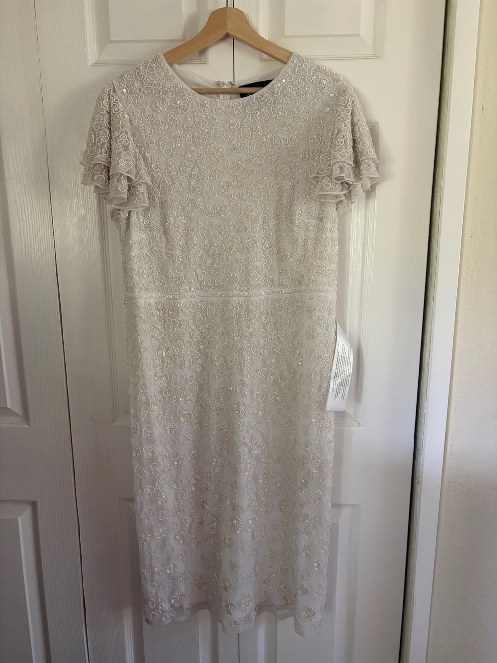 Mac Duggal Ivory Lace Midi Dress with Flutter Sleeves